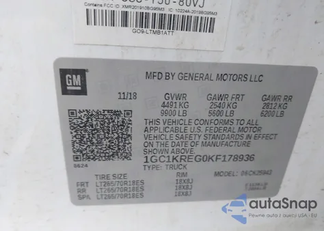 2019 Chevrolet Silverado 2500Hd Wt из США, поврежденный, VIN 1GC1KREG0KF178936